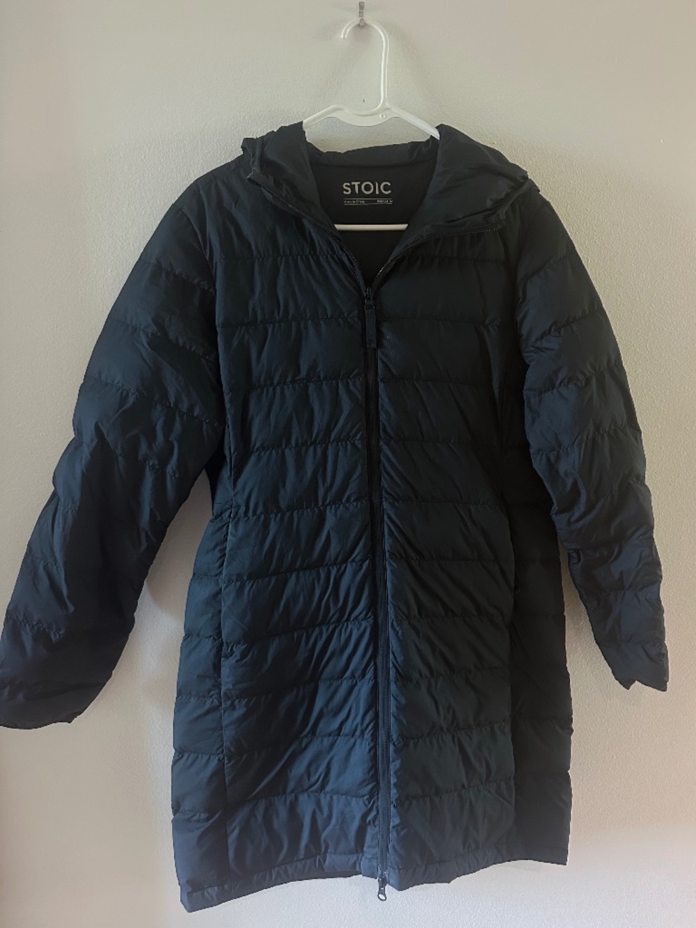 Stoic Long Hooded Puffer Coat — Black, Size M